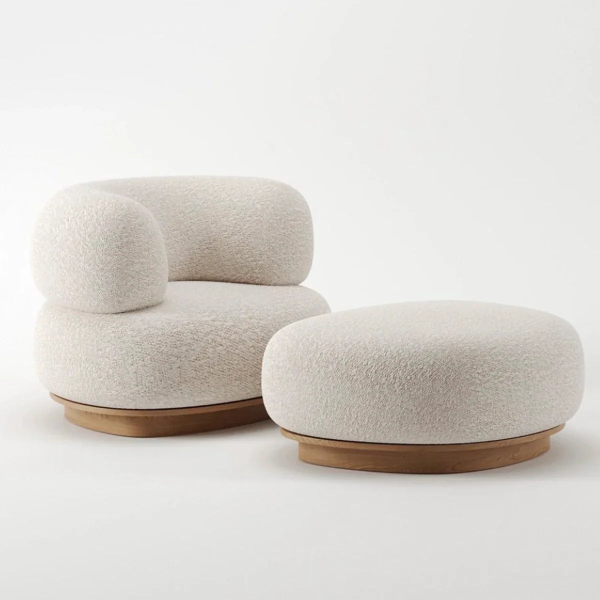 Cozy Nordic Boucle Armchair & Ottoman Set - White Fabric, Oak Base