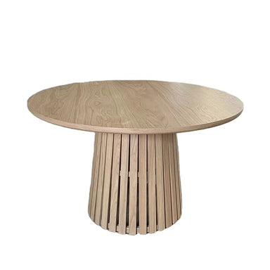 Modern Round Oak Wood Dining Table, Slatted Base, Event Ready, Natural Color