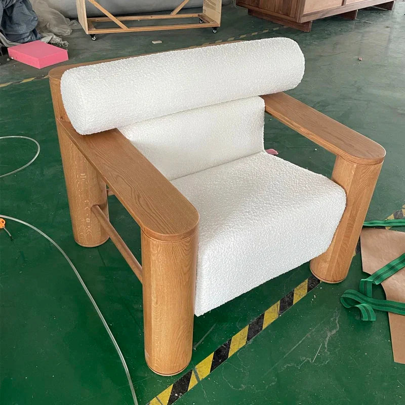 Elegant White Boucle Solid Oak Accent Chair: Modern Leisure Sofa Armchair