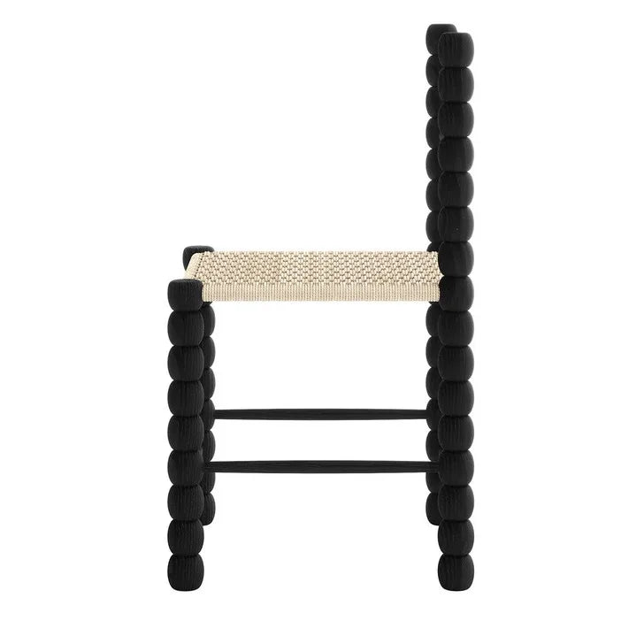 Elegant Black Solid Oak Bobbin Dining Chair with Hand-Woven Rope Seat