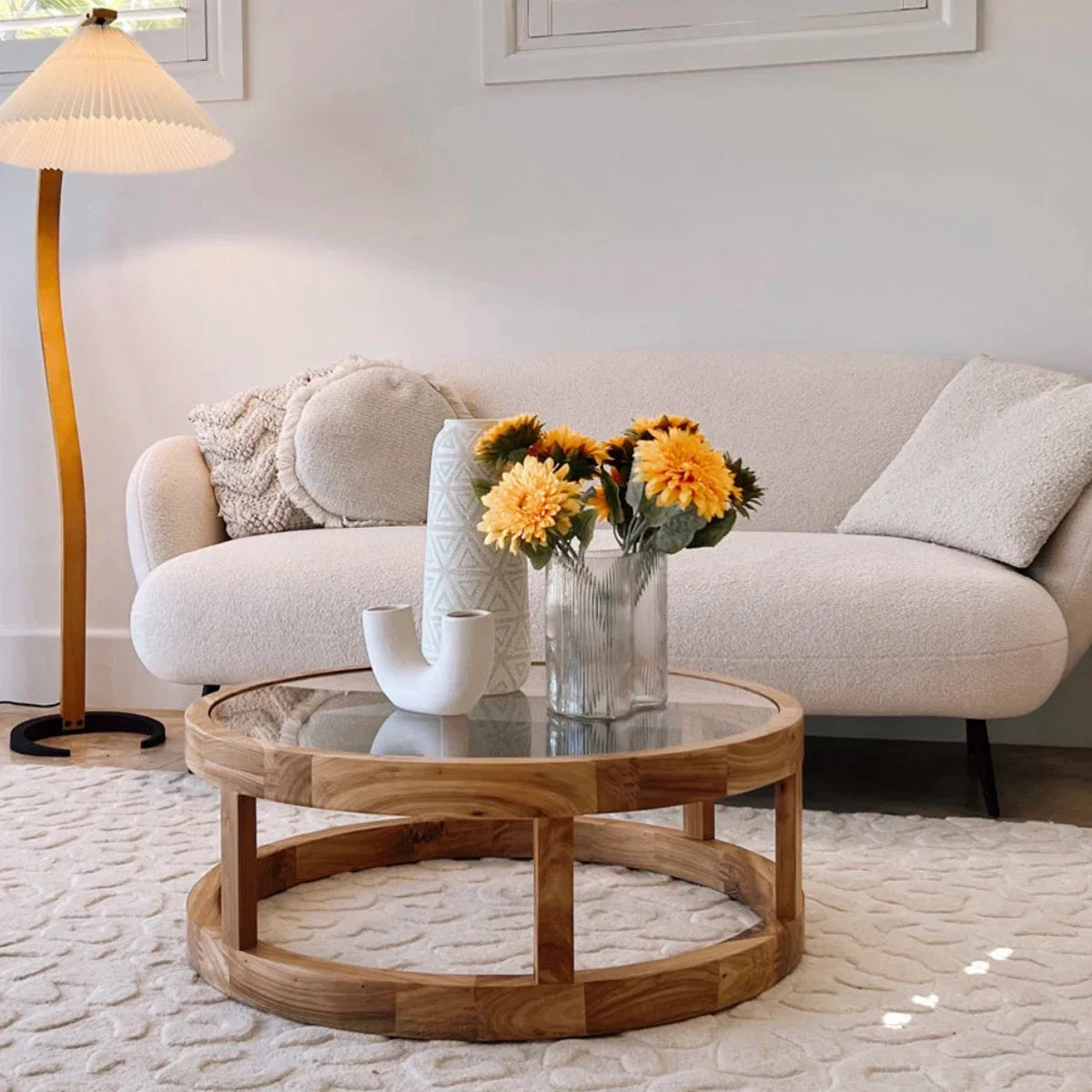 Elegant Solid Oak Wood Round Coffee Table with Tempered Glass Top