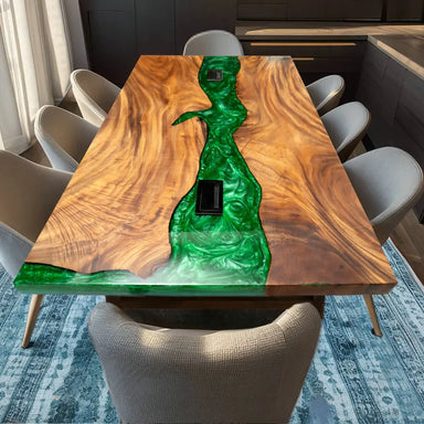 Stunning Black Walnut Live Edge Epoxy Resin Slab Dining Table for Home