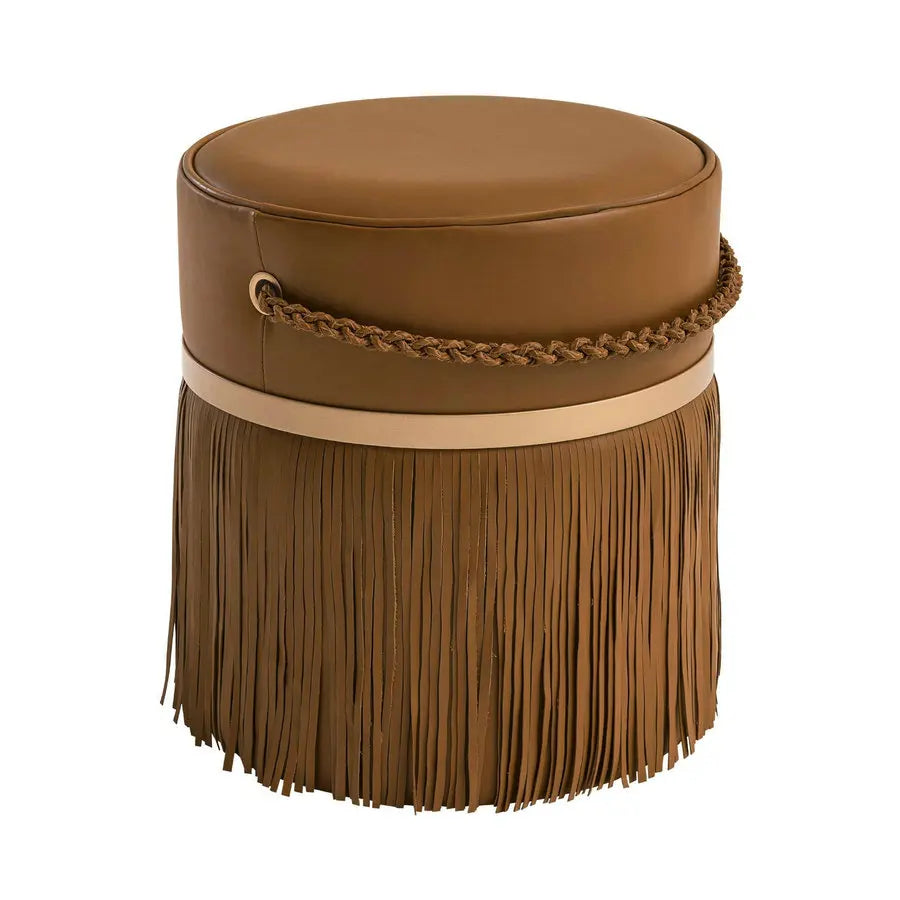 Modern Esthetic Leather Fringes Ottoman with Chain Handle Tassel Pouf