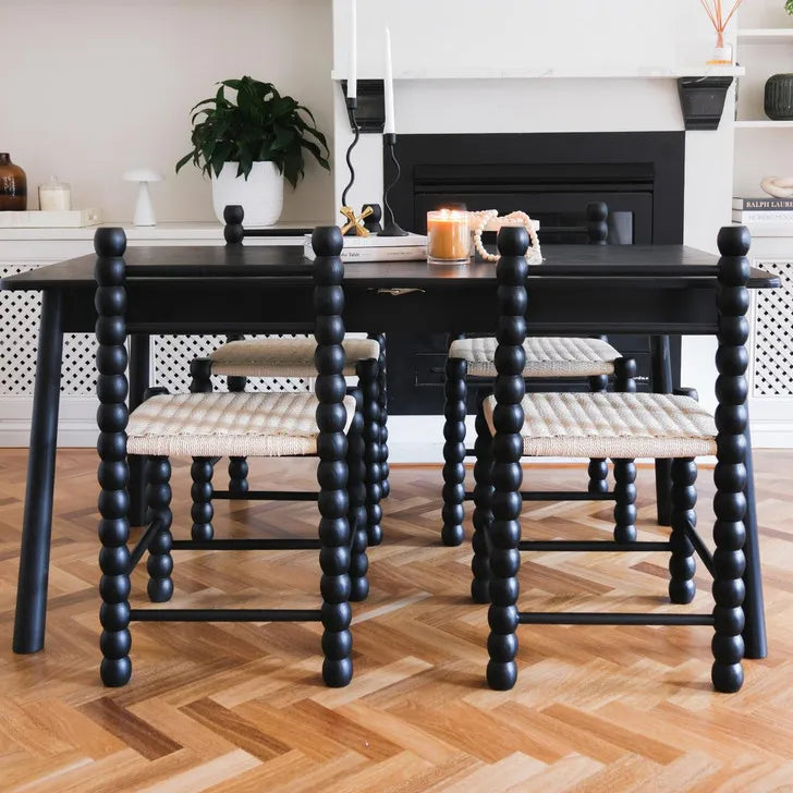 Elegant Black Solid Oak Bobbin Dining Chair with Hand-Woven Rope Seat