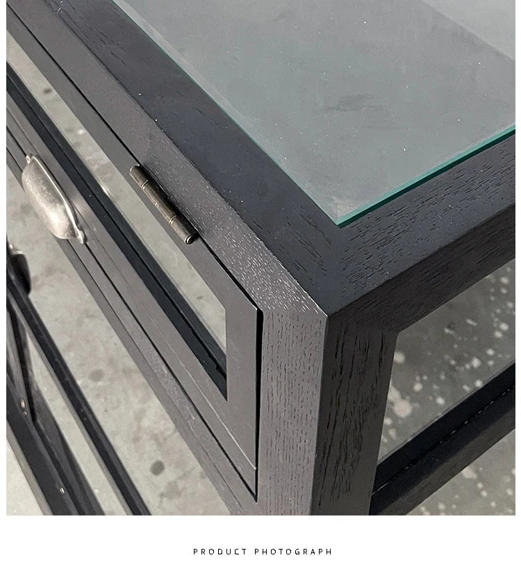 Elegant Black Oak Wood Sideboard: Glass Doors, Versatile Living Room Storage