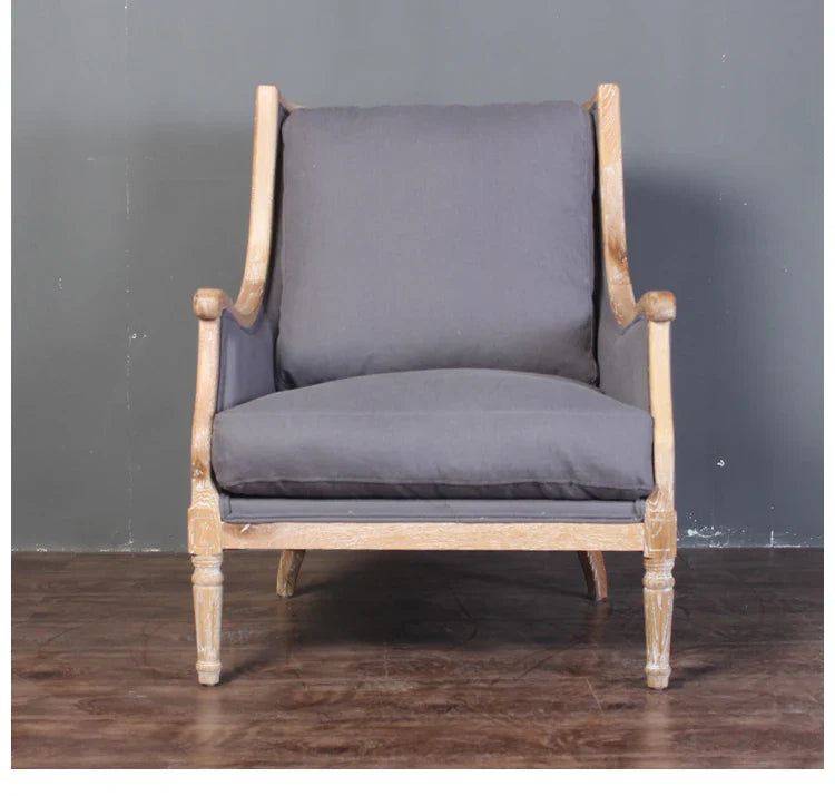 French Country Solid Oak Linen Armchair - Antique Accent Living Room Sofa