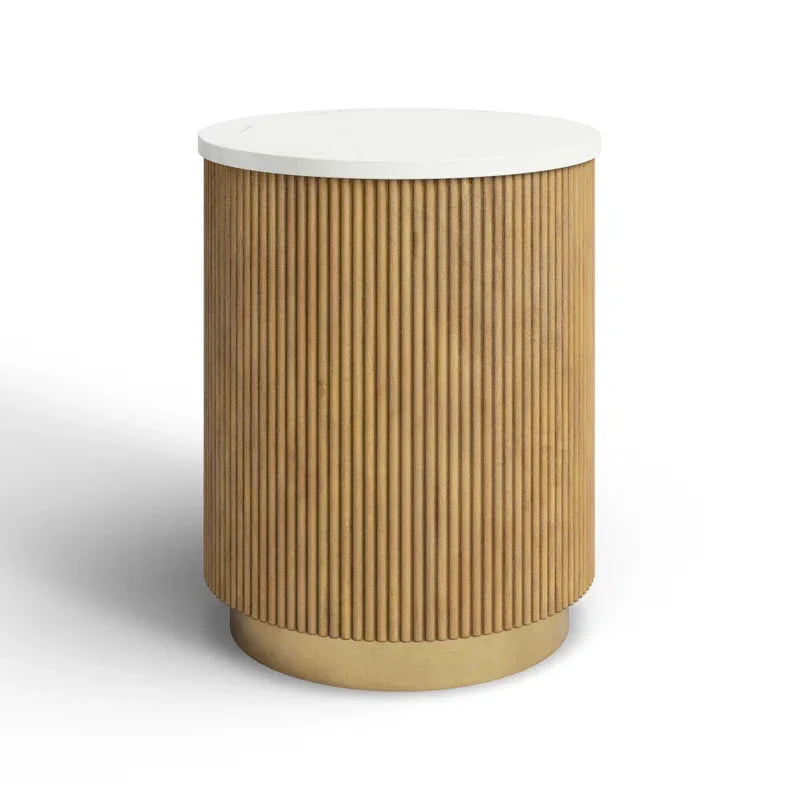 Elegant Round Fluted Oak Wood End Table with Marbled Top and Metal Base