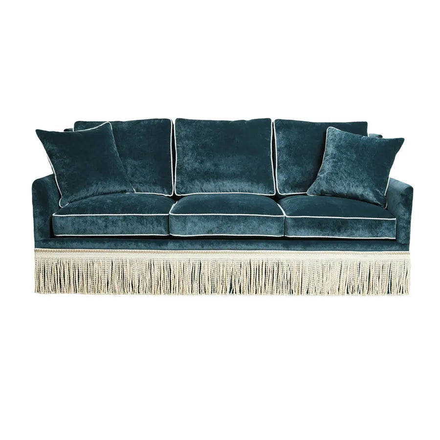 Hollywood Regency Velvet Tassel Sofa, Elegant Fringe Trim Luxury Living Room Couch