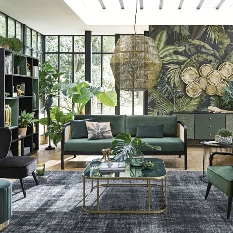 Elegant Oak Cane Back Velvet 3-Seater Sofa | Luxury Living Room Furniture
