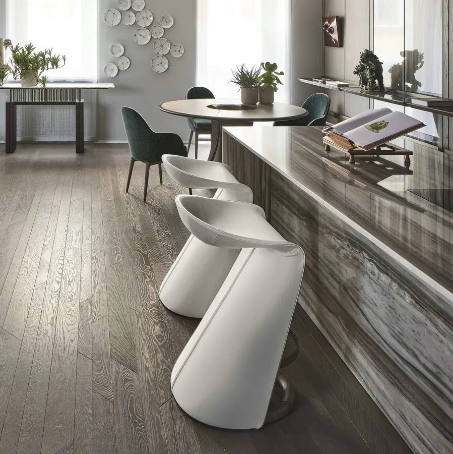 Luxury Vintage Industrial Fiberglass Skirt Barstool with Real Leather Seat