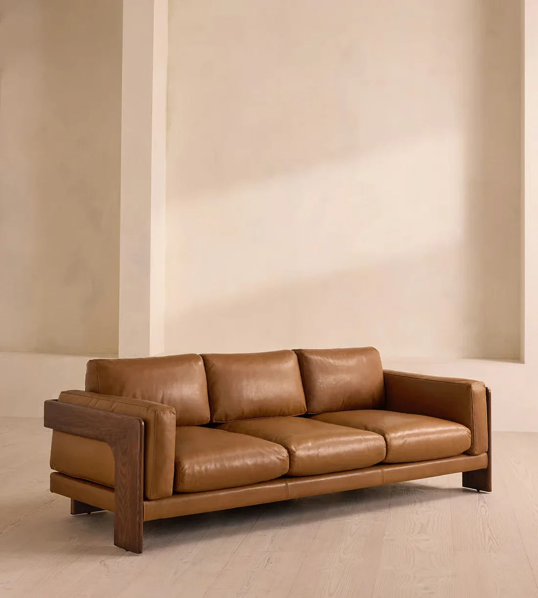 Luxury Modern Wood Frame Handcrafted Leather Sofa - Comfortable Three Seater Couch
