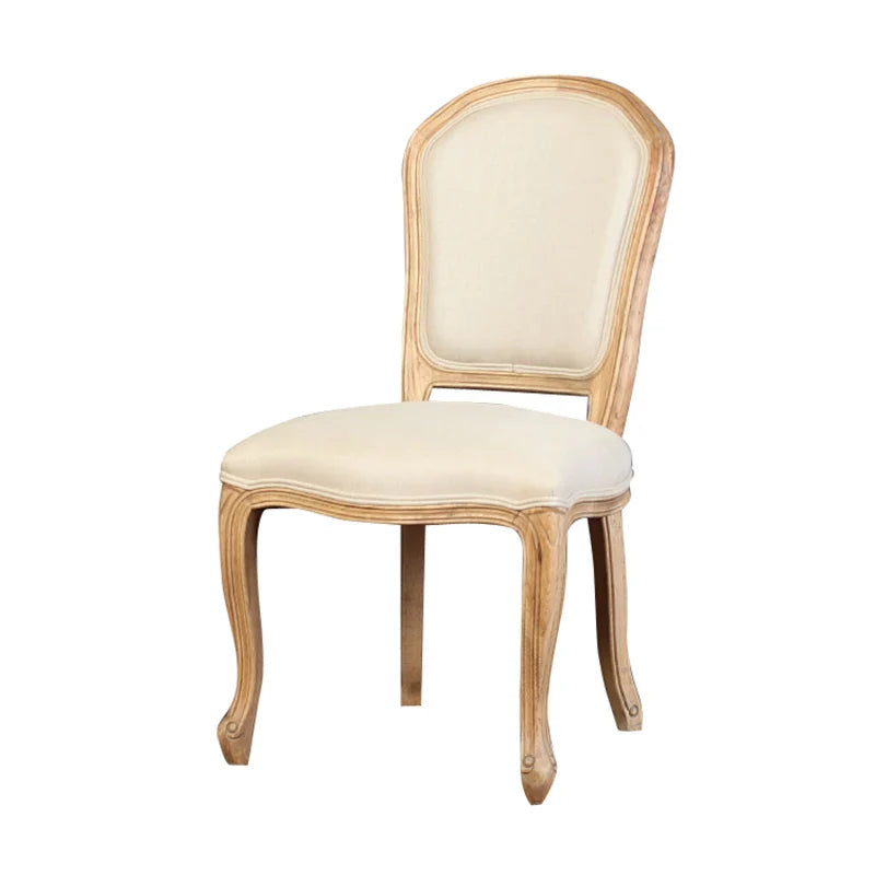 Elegant French Classic Carved Oak Dining Chair with Linen Upholstery