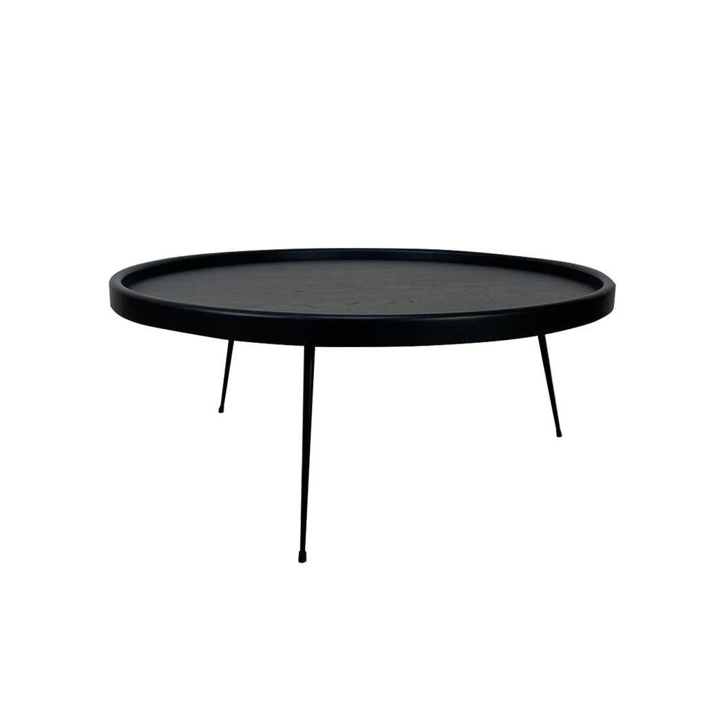 High-Quality Round Solid Oak Wood Coffee Table Black Metal Legs Durable Design