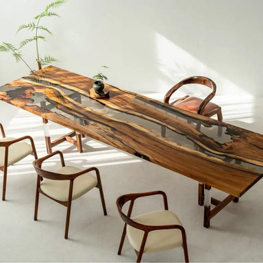 Exquisite Live Edge Solid Walnut Slab River Epoxy Dining Table