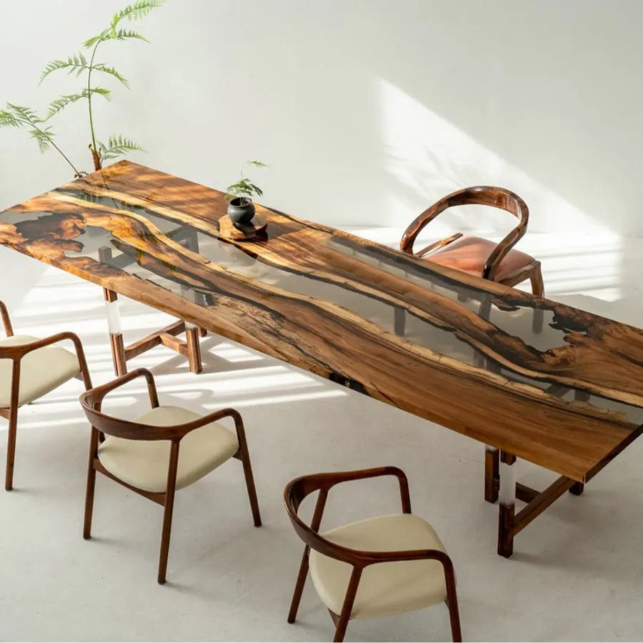 Exquisite Live Edge Solid Walnut Slab River Epoxy Dining Table
