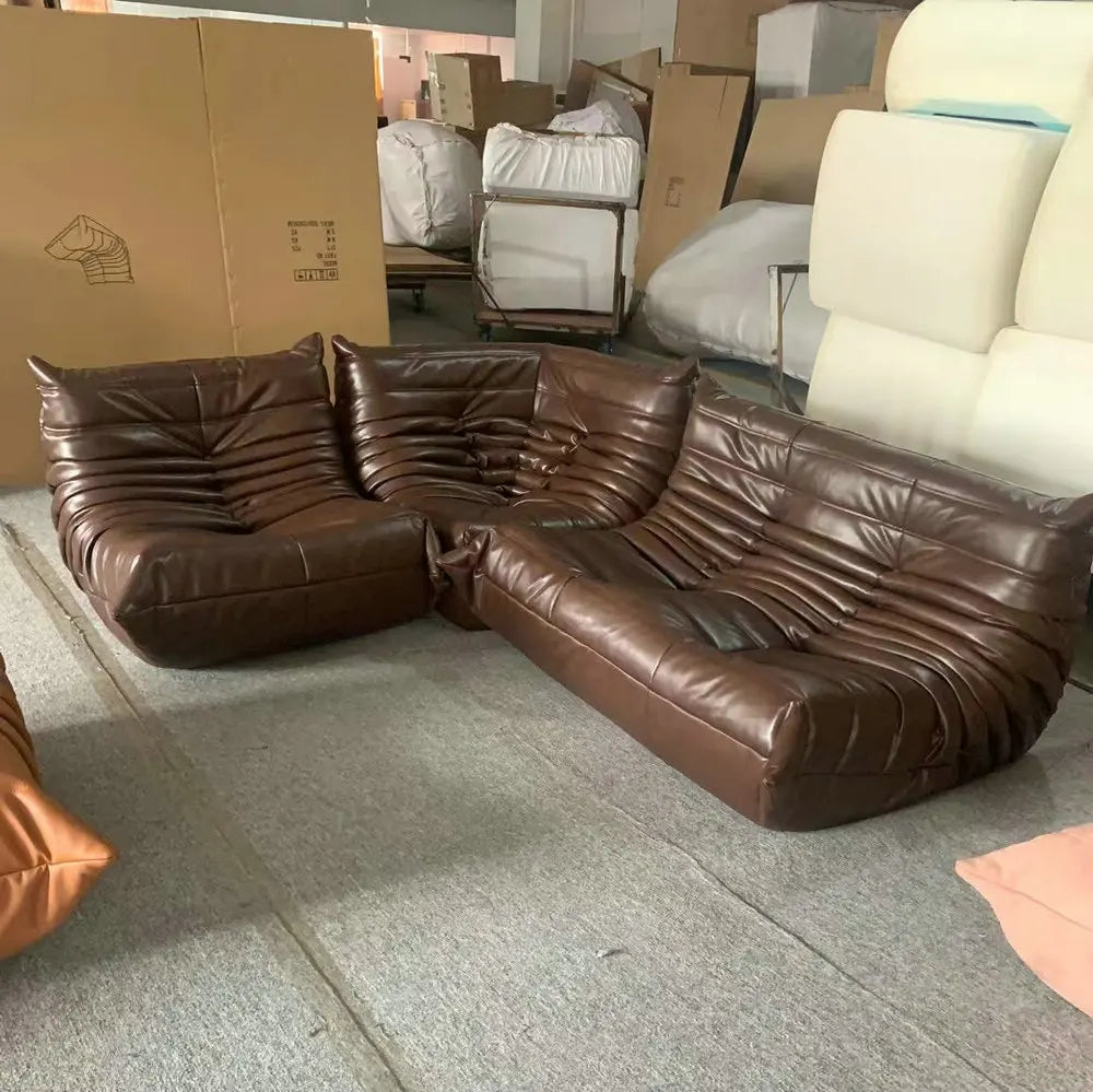 Luxury Italian Dune Sectional Sofa Set – Vintage Black Leather Velvet Couch