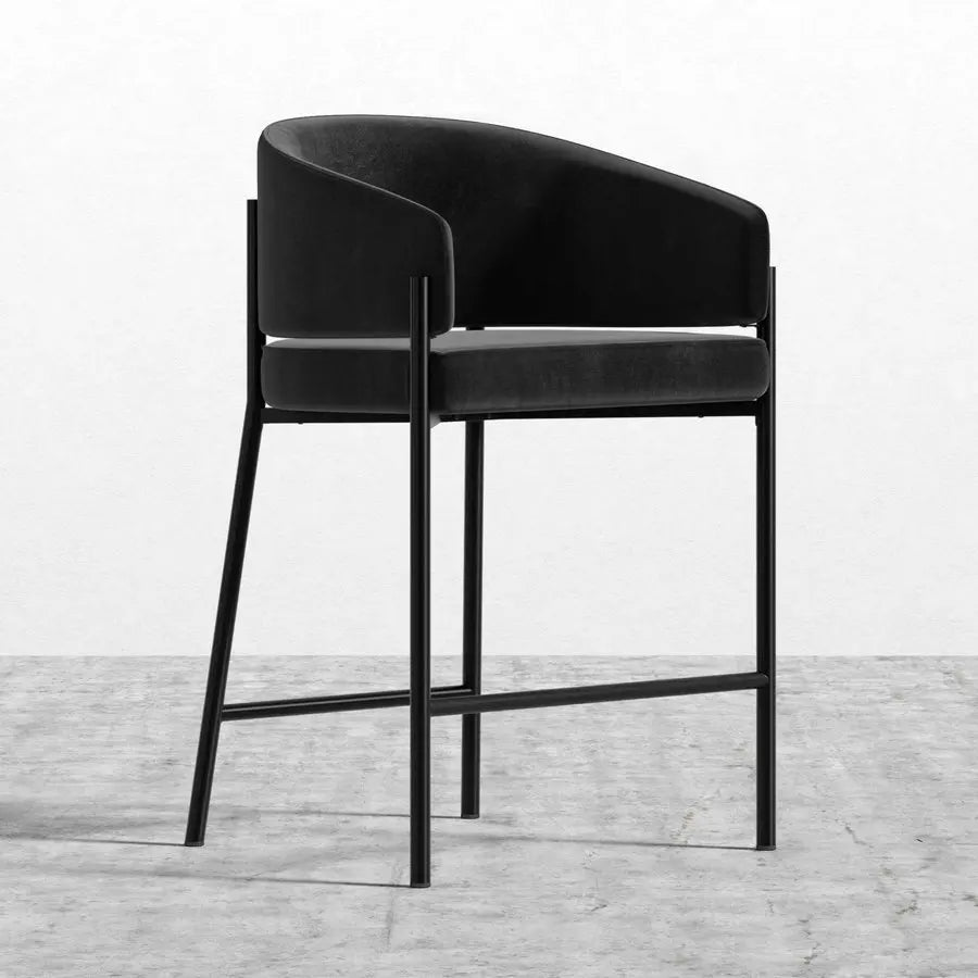 Modern Velvet Counter Height Bar Stool with Powder-Coated Black Metal Frame