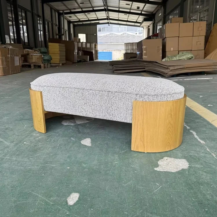 Elegant Oval Chenille Upholstered Long Bench with Durable Solid Oak Frame