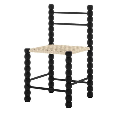 Elegant Black Solid Oak Bobbin Dining Chair with Hand-Woven Rope Seat