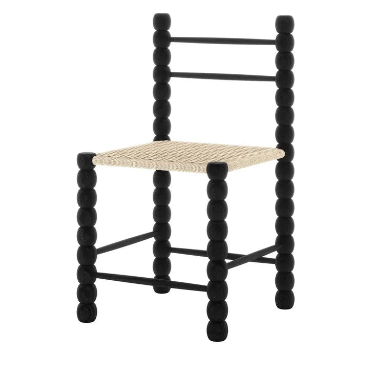 Elegant Black Solid Oak Bobbin Dining Chair with Hand-Woven Rope Seat