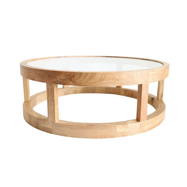 Elegant Solid Oak Wood Round Coffee Table with Tempered Glass Top