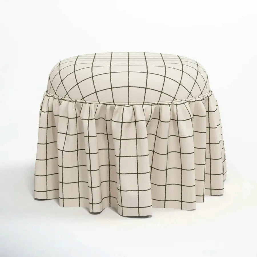 French Country Checkered Fabric Upholstered Round Ruffled Skirt Ottoman