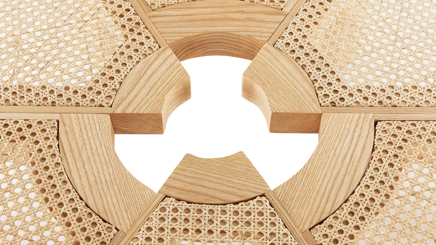 Chic Rattan & Oak Coffee Table - 6 Cane Inset Segments, Modern Living Room Centerpiece