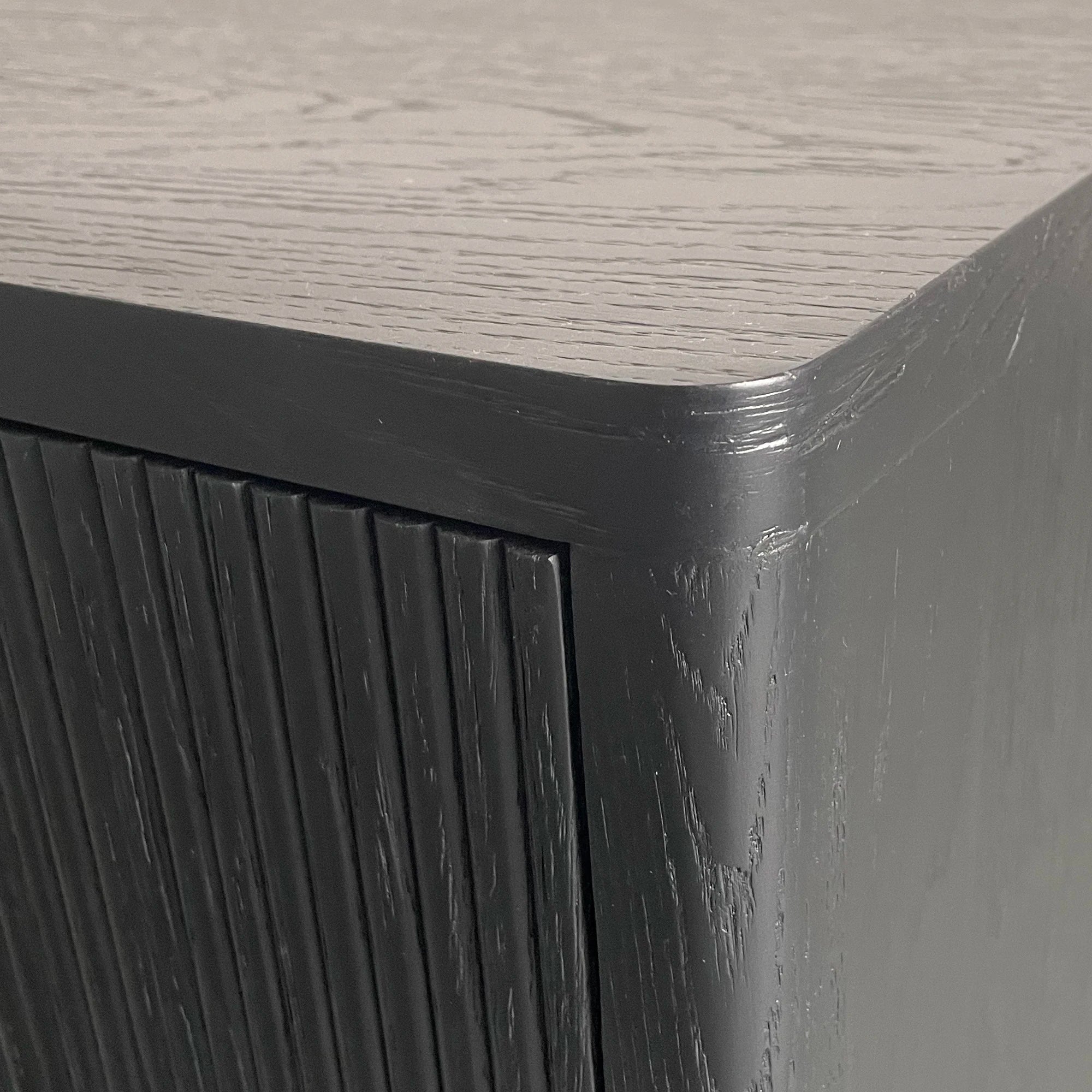 Elegant Black Modern Oak Fluted One-Drawer Nightstand with Barrel Design for Bedroom