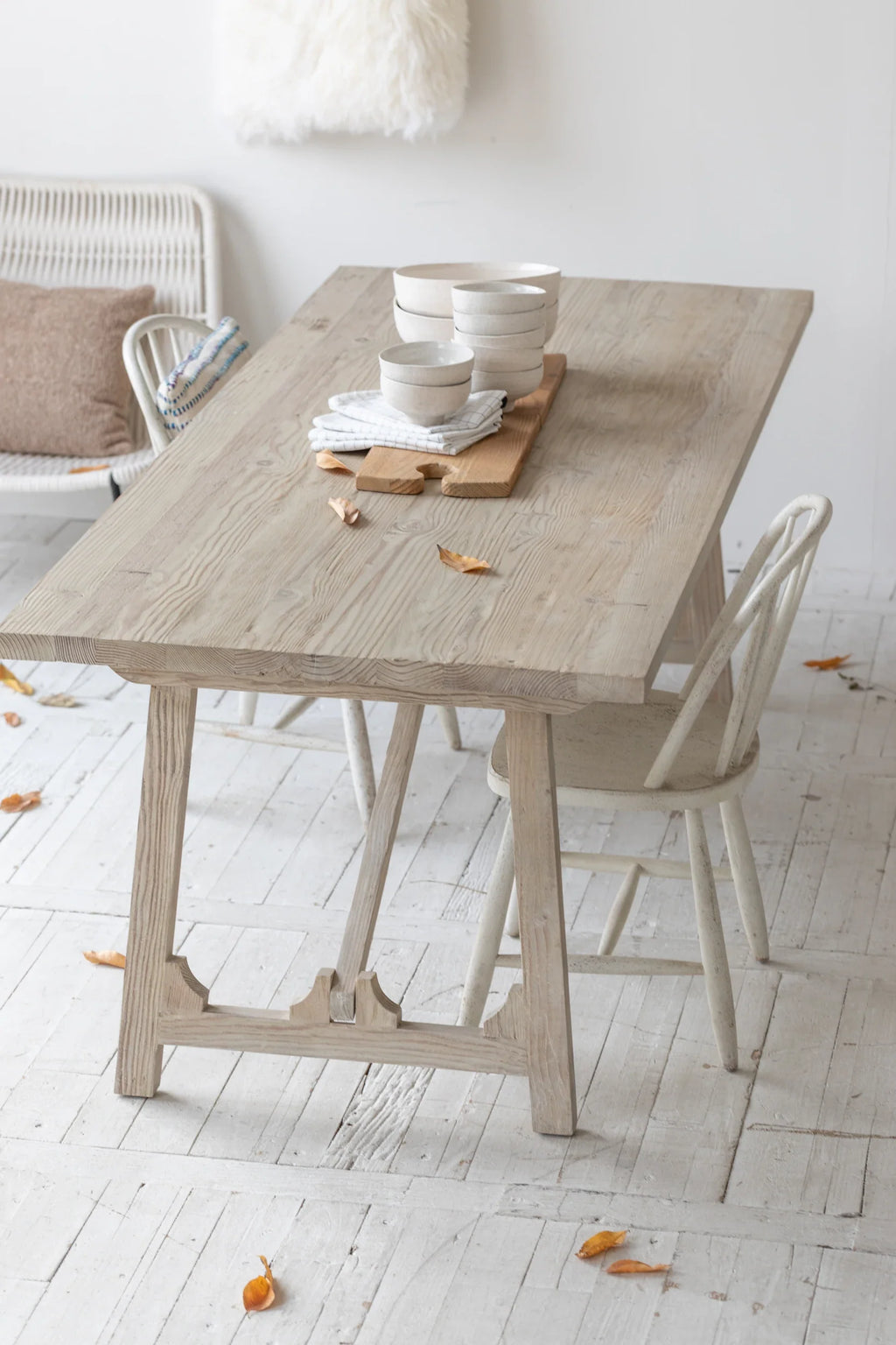Mid-Century Vintage Natural Recycled Solid Pine Wood 6-Seater Dining Table