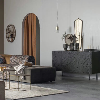 Modern Luxury Oak Wood Sideboard Buffet with Black Metal Textured Storage Cabinet
