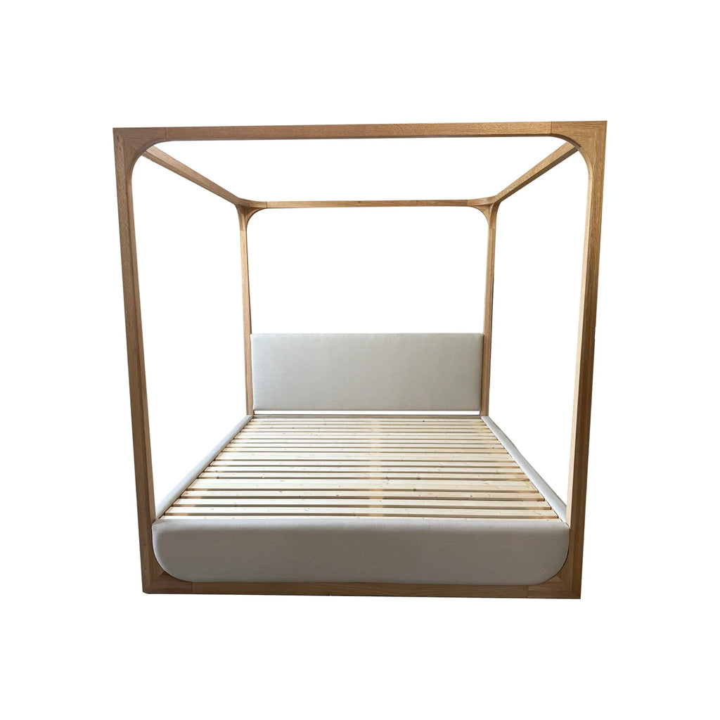 Weathered Solid Oak Upholstered Canopy Bed - Modern King/Queen Design