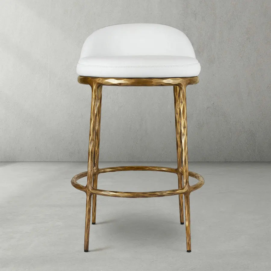 Vintage White Faux Leather Swivel Counter Stool with Brass Accents Barstool