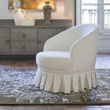 Elegant White Skirt Fabric Upholstered Oak Wood Living Room Lounge Chair