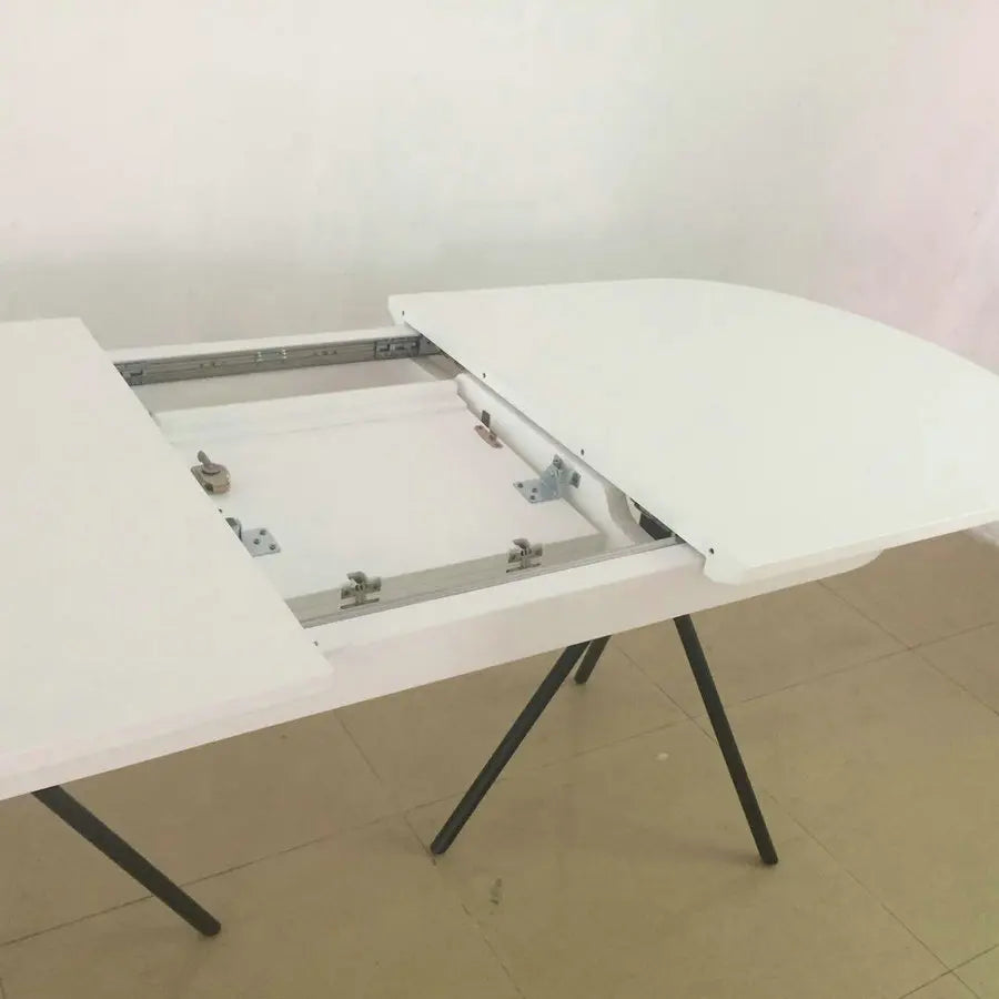 Modern Extendable Dining Table: Matte White Lacquer, Oak Veneer Top, Metal Base