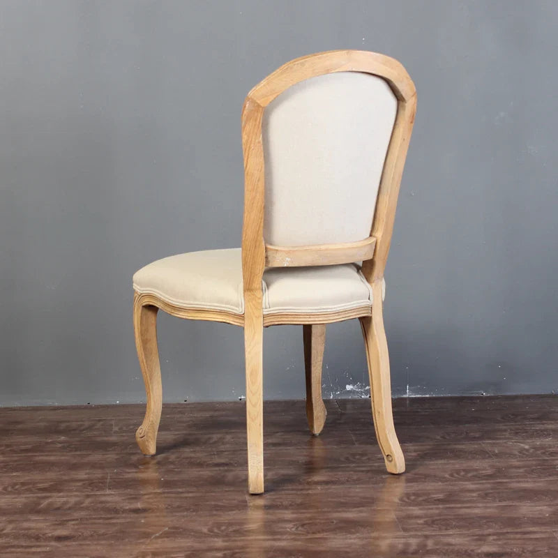 Elegant French Classic Carved Oak Dining Chair with Linen Upholstery