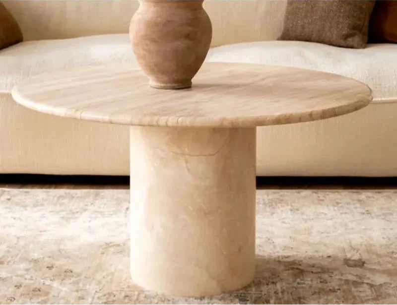 Premium Solid Natural Beige Travertine Round Coffee Table for Chic Interiors