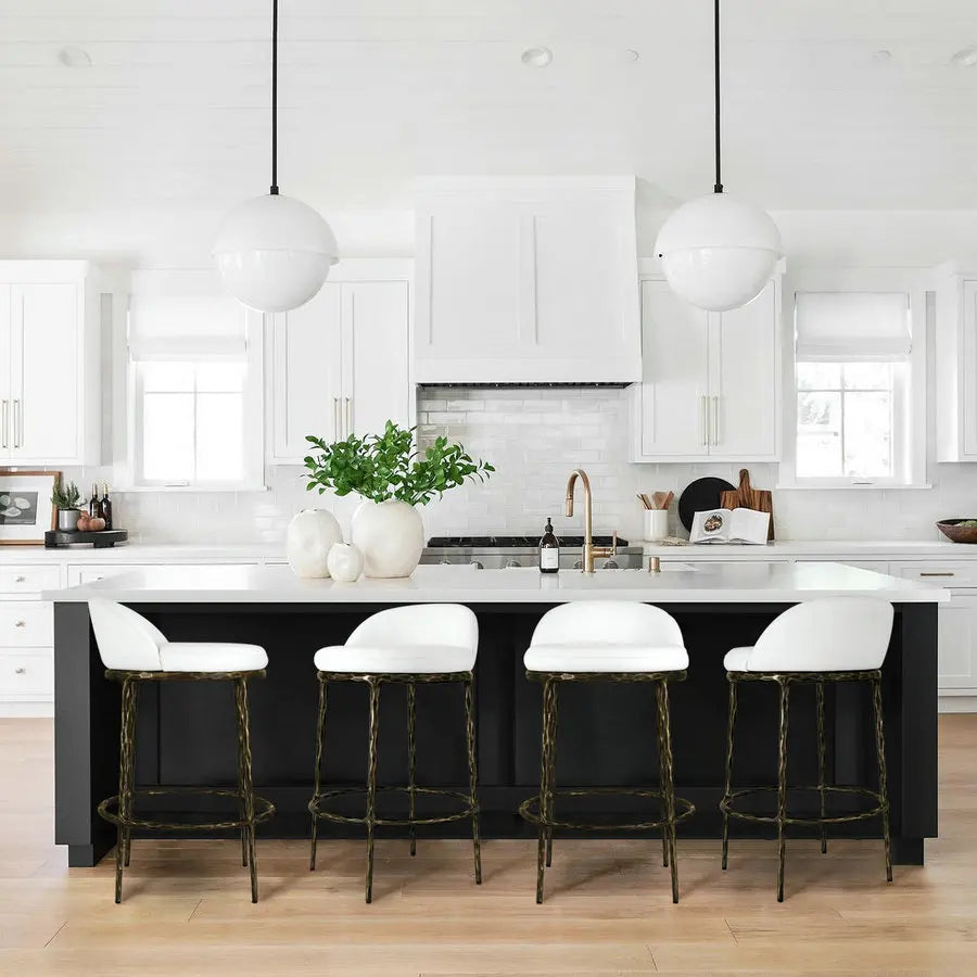 Vintage White Faux Leather Swivel Counter Stool with Brass Accents Barstool