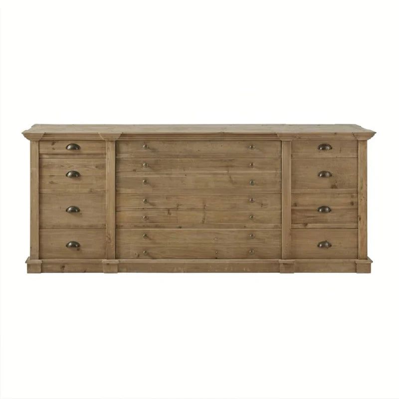 Rustic French Reclaimed Fir Wood Sideboard Cabinet with Multiple Storage Drawers