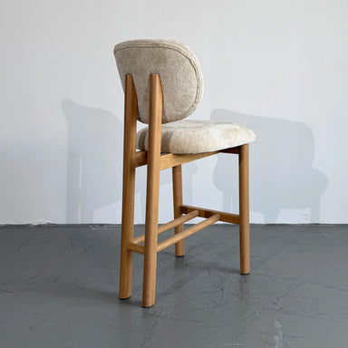 Chic Beige Upholstered Curved Kitchen Stool with Solid Oak Exposed Back