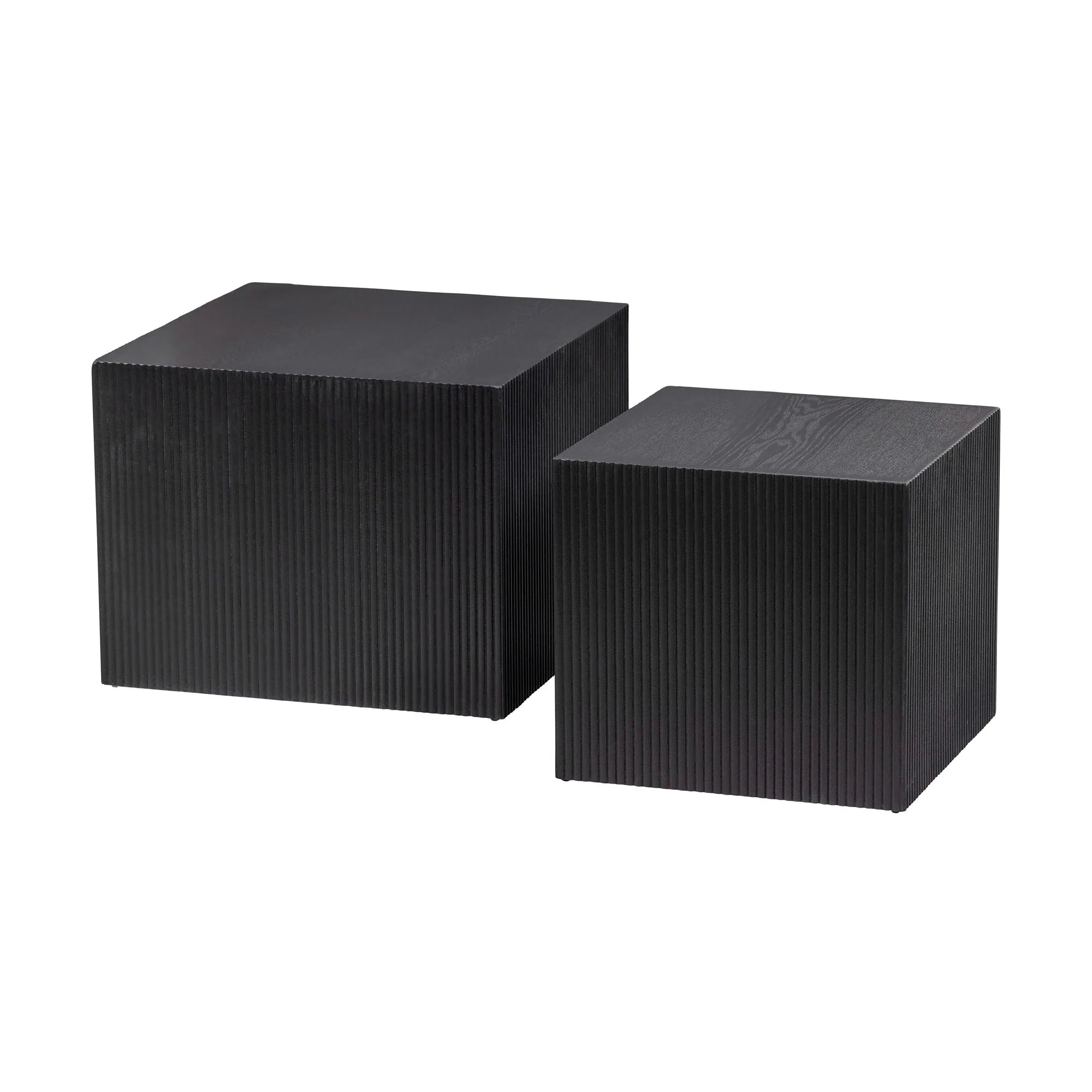 Modern Black Oak Fluted Barrel Square Side Table for Living Room