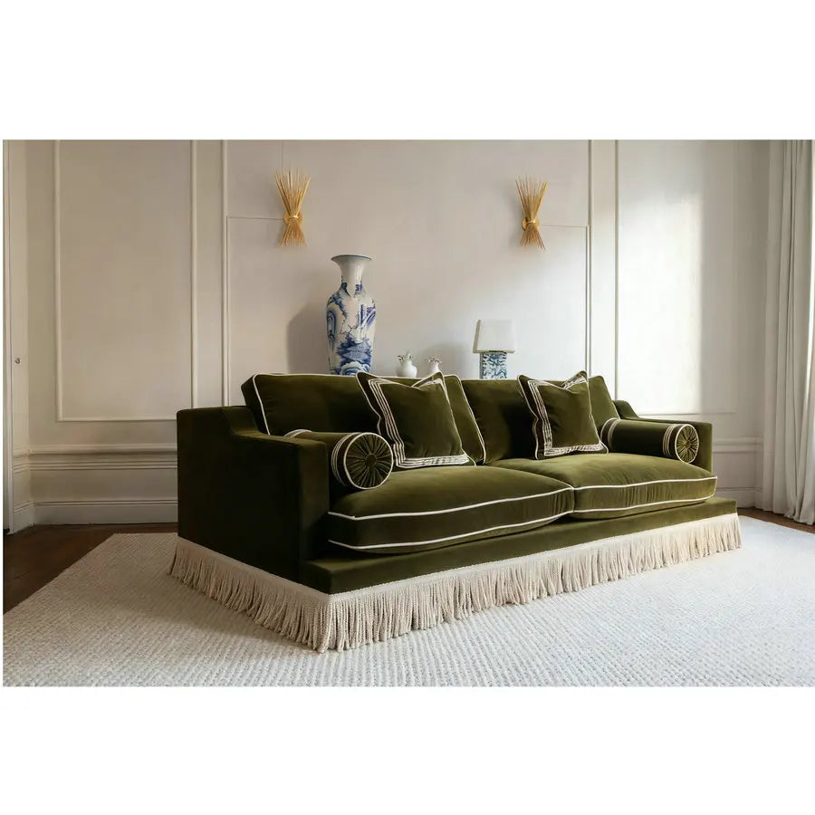 Vintage Green Velvet Tassel Fringe Sofa for Cafe & Restaurant