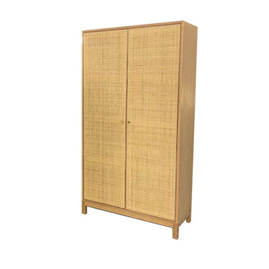 Modern Rattan Wine Bar Cabinet, Two-Door Tall Storage, Solid Oak Wood