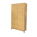 Modern Rattan Wine Bar Cabinet, Two-Door Tall Storage, Solid Oak Wood