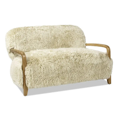 Nordic Vintage Sheepskin Loveseat Sofa, Solid Wood L-Shape Accent Couch