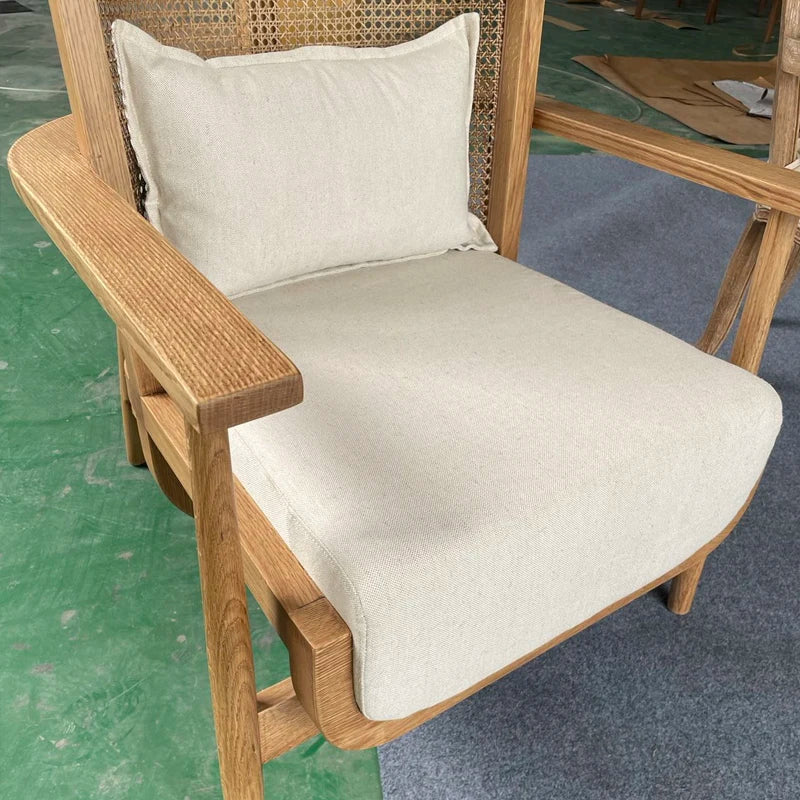 Elegant High Back Rattan Cane Solid Oak Wood Linen Seat Accent Chair