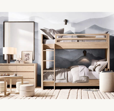 High-Quality Solid Oak Wood Kids Bunk Bed with Ladder, Double Loft Design