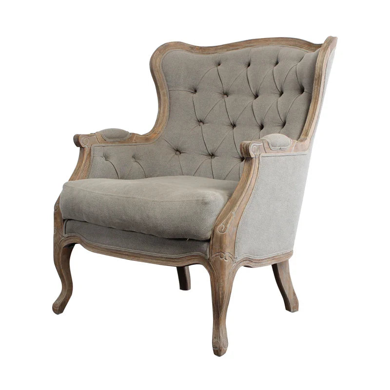 Luxurious French Carved Oak Armchair, Vintage Linen Tufted Accent Chair