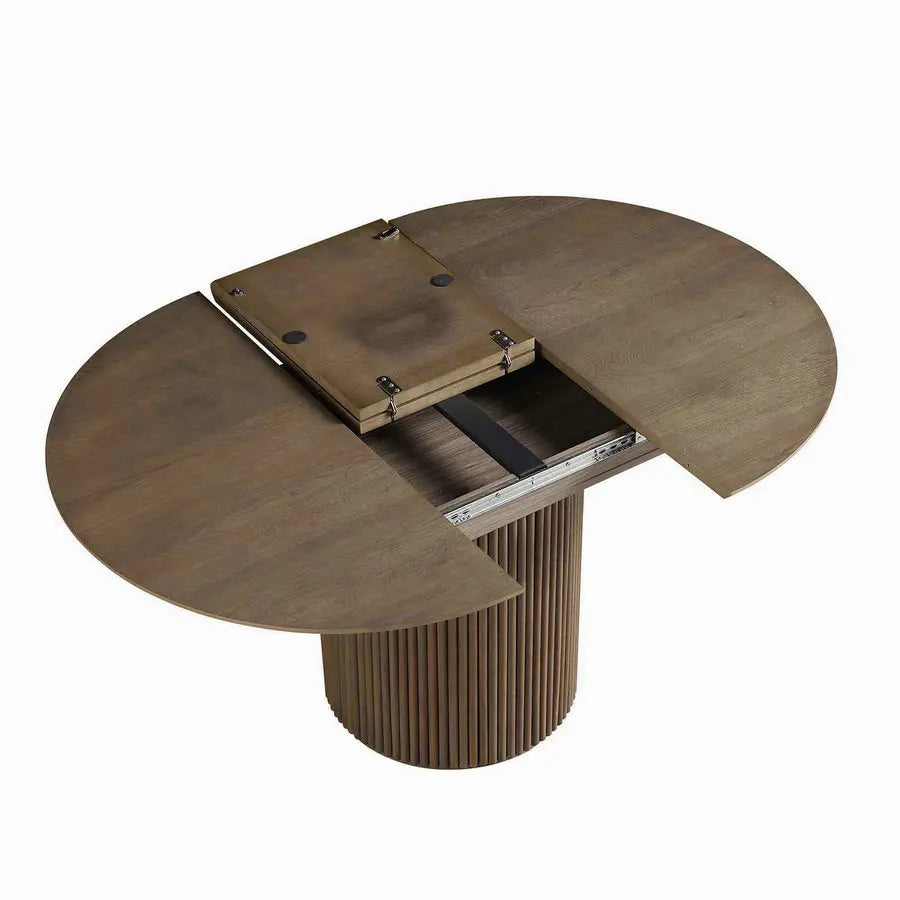 American Style Round Extendable Solid Oak Pedestal Fluted Dining Table