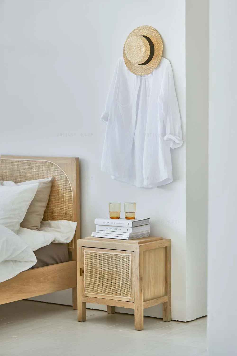 Boho Rattan Oak Wood Nightstand Bedside Table with French Country Charm