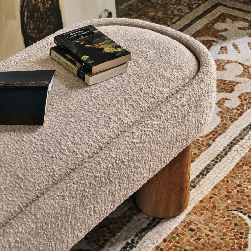 Chic Nordic White Boucle Upholstered Oak Wood Leg Ottoman Bench